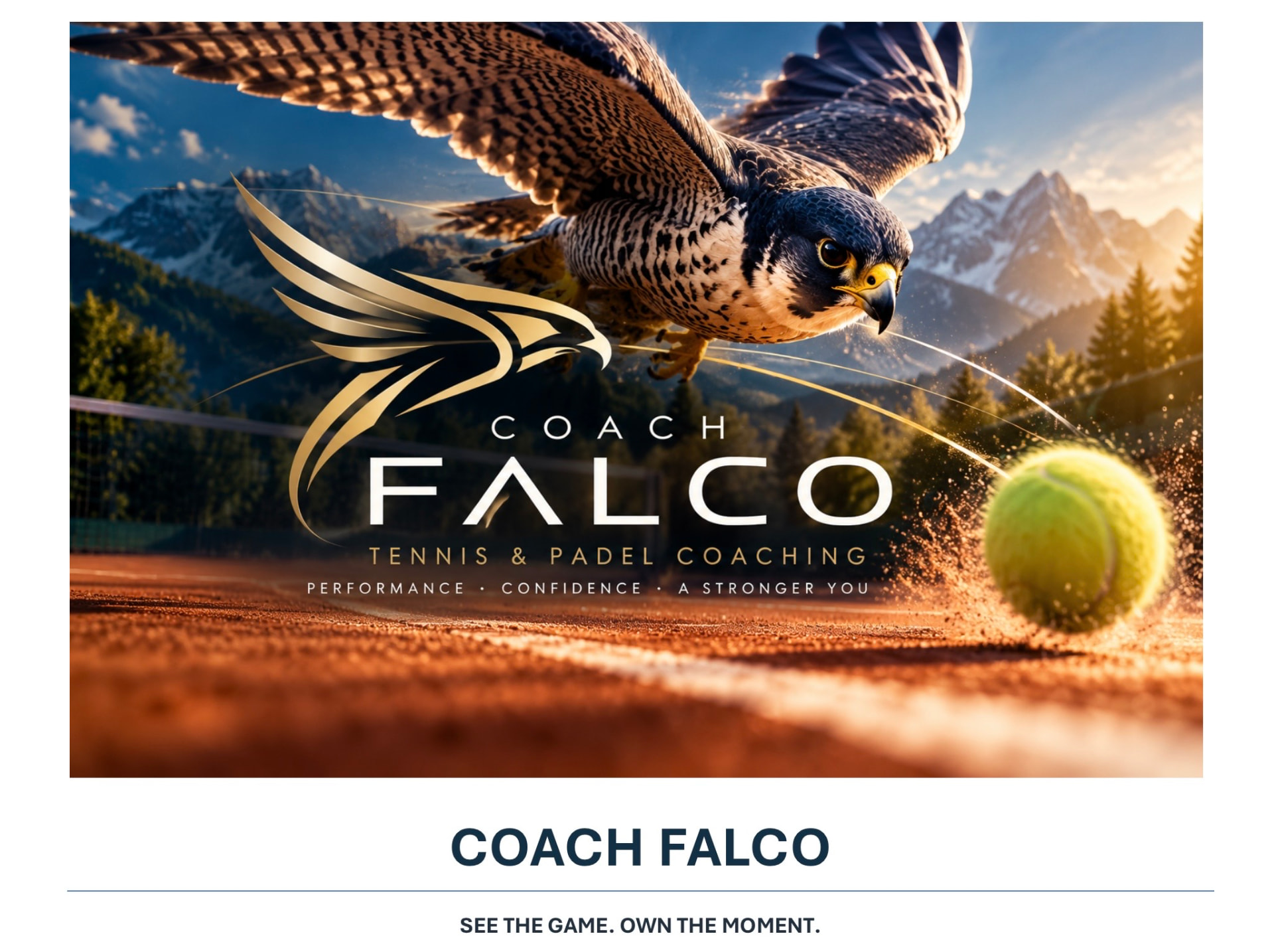 Coach Falco — Tennis & Padel Coaching: a falcon swooping over a clay court towards a tennis ball